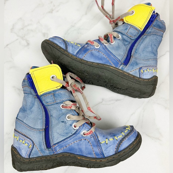 TMA eyes Shoes - TMA EYES Blue & Yellow Top-Stitch Leather Ankle Boots